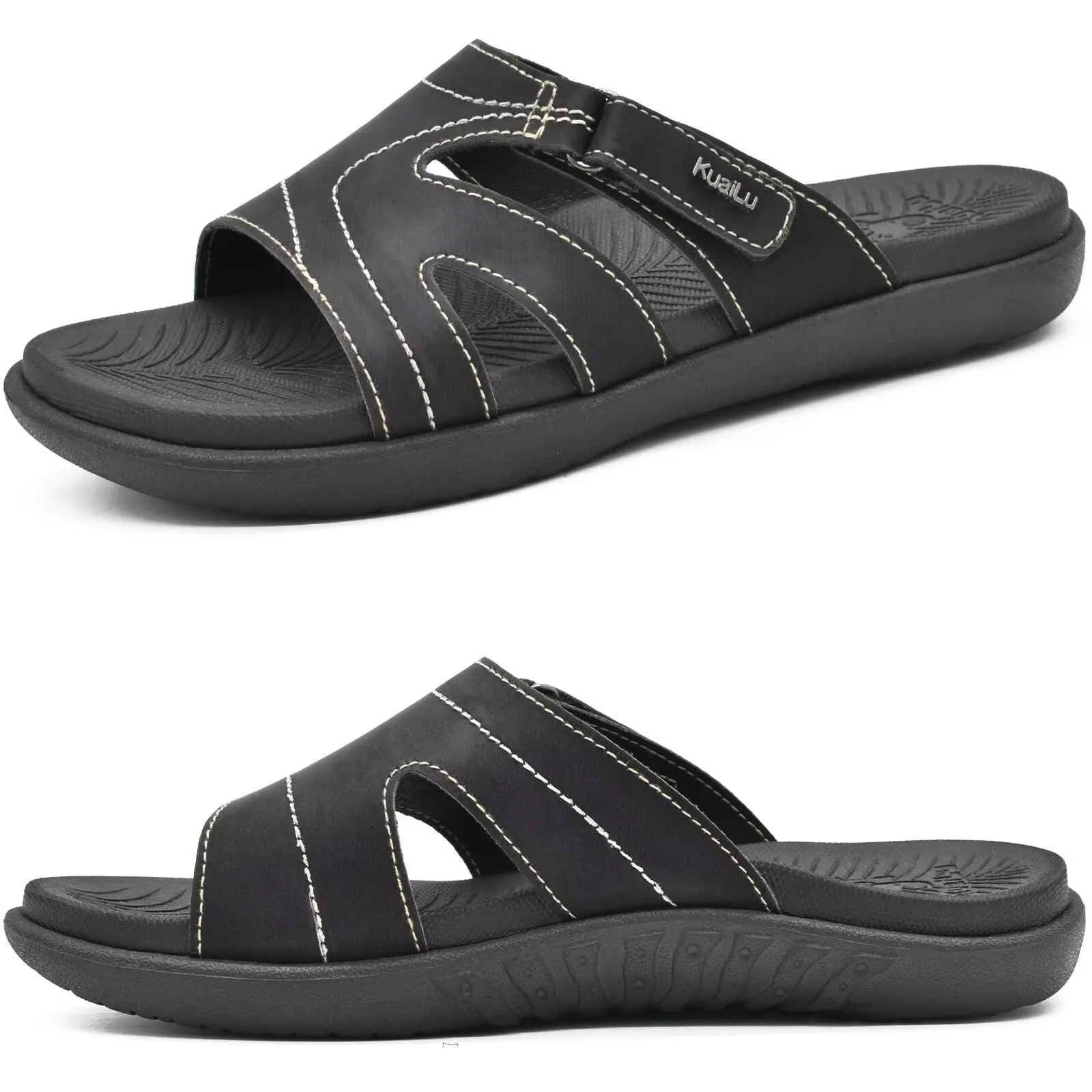 KuaiLu Womens Fashion Orthotic Slides Ladies Lightweight Athletic Yoga Mat Sandals Slip On Thick Cushion Slippers Sandals With Comfortable Plantar Fasciitis Arch Support, Black, 10.5